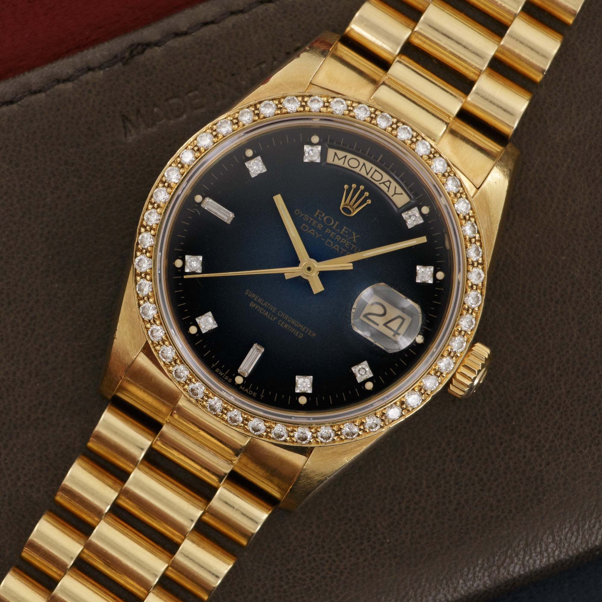Rolex - Rolex Yellow Gold Day-Date Blue Vignette Diamond Watch Ref. 18048 - The Keystone Watches