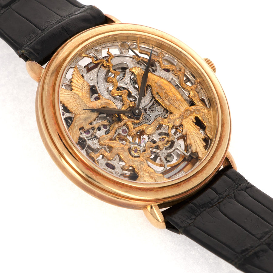 Audemars Piguet Yellow Gold Ultra Thin Skeletonized Watch with Ornate Bird Dial