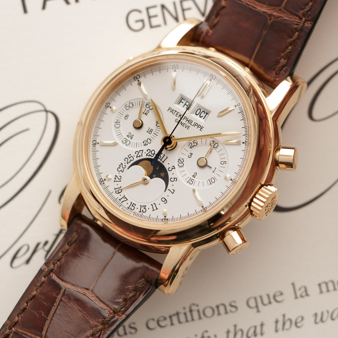 Patek Philippe Perpetual Calendar Chrono 3970EJ-014 18k YG  Fantastic Original Condition with Clear, Deep Hallmarks Unisex 18k YG Silver 36 mm Manual Undated Original Brown Patek Philippe Strap Box, Certificate, and Additional Solid Case Back 