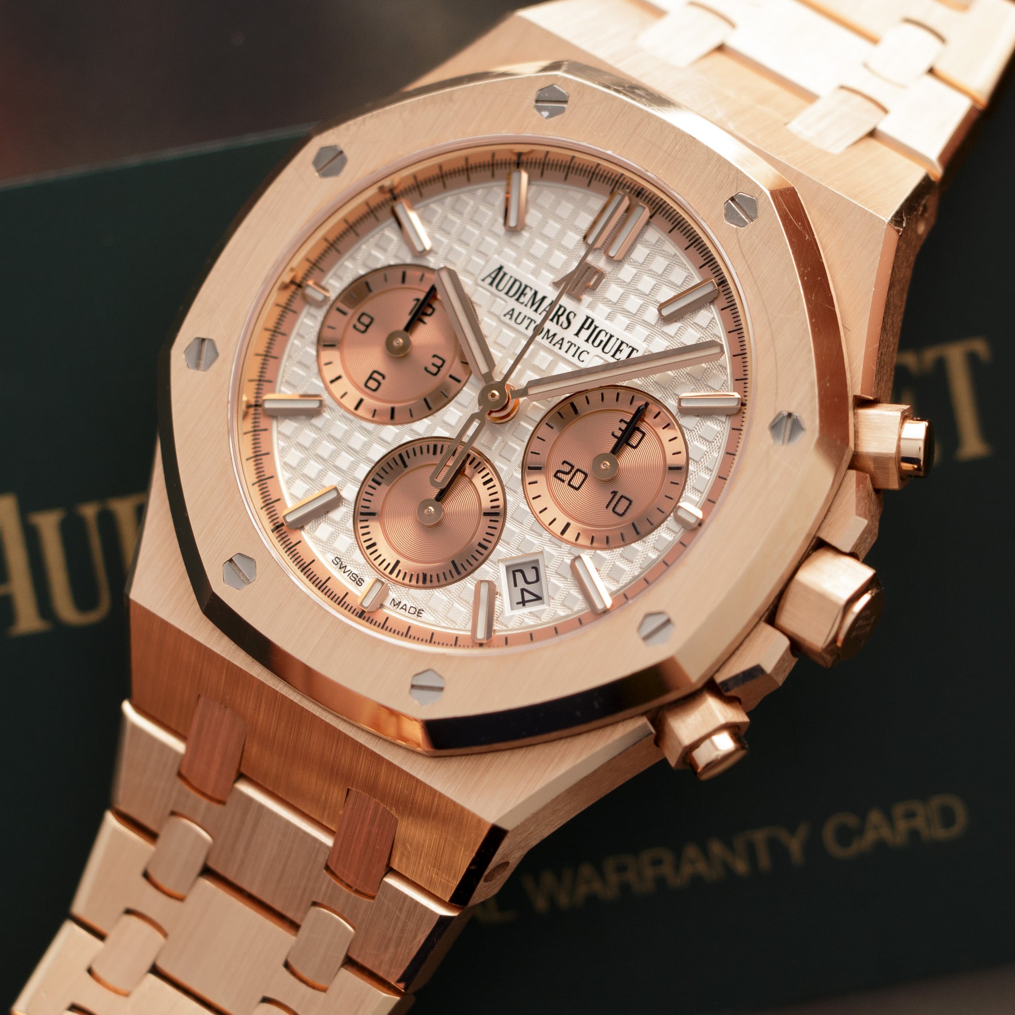 Audemars Piguet Royal Oak Chrono 26315OR.OO.1256 18k RG  Excellent Overall Condition, No Notable Signs of Wear Unisex 18k RG Silver 38 mm Automatic Current Rose Gold Original Warranty Card 