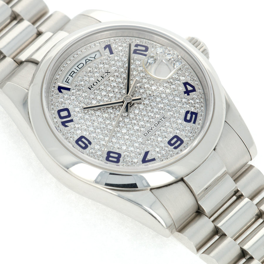 Rolex Day-Date 118206 Platinum  Excellent Condition with Very Minor Wear Unisex Platinum Pave Diamonds with Blue Arabic Numerals 36 mm Automatic 2001 Platinum (7) Handmade Travel Pouch 