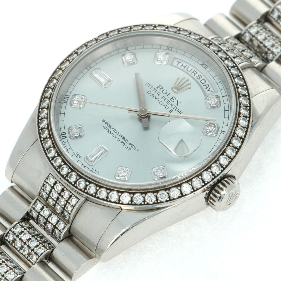 Rolex Day-Date 118346 Platinum  Excellent Condition with Very Minor Wear Unisex Platinum Light Blue with Diamond Markers 36 mm Automatic 2000 Platinum Handmade Travel Pouch 
