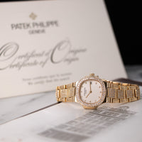 Patek Philippe Yellow Gold Nautilus Diamond Watch with Original Box and Papers