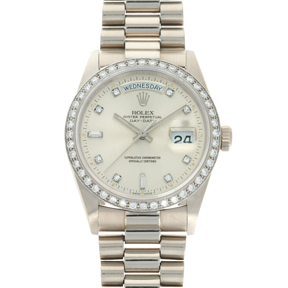 Rolex White Gold Day-Date Diamond Watch Ref. 18049 with Original Paper