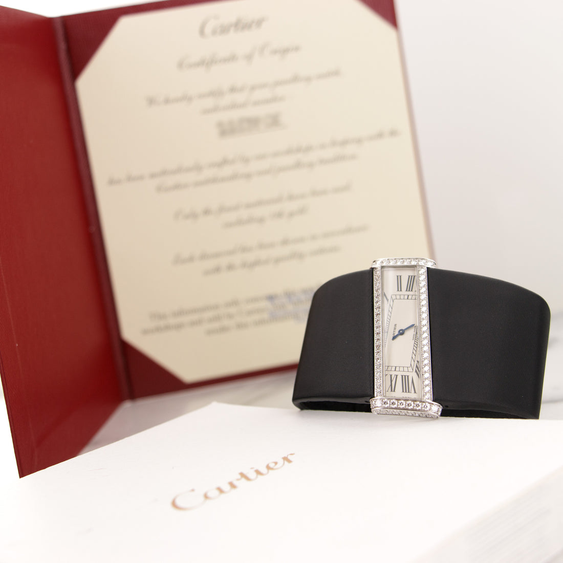 Cartier Assymmetric 2786 18k WG  Mint Ladies 18k WG Silver Assymetric Dial 45mm Quartz Early 2000s Black Satin Strap Original Box and Certificate 
