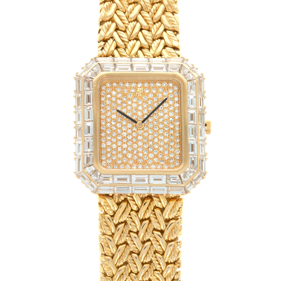 Audemars Piguet Vintage 14760BA 18k YG  Overall Mint Original Condition Unisex 18k YG Pave Diamond Dial 20 X 32mm Manual 1980s Yellow Gold Bracelet  (195mm) Leather Travel Case 