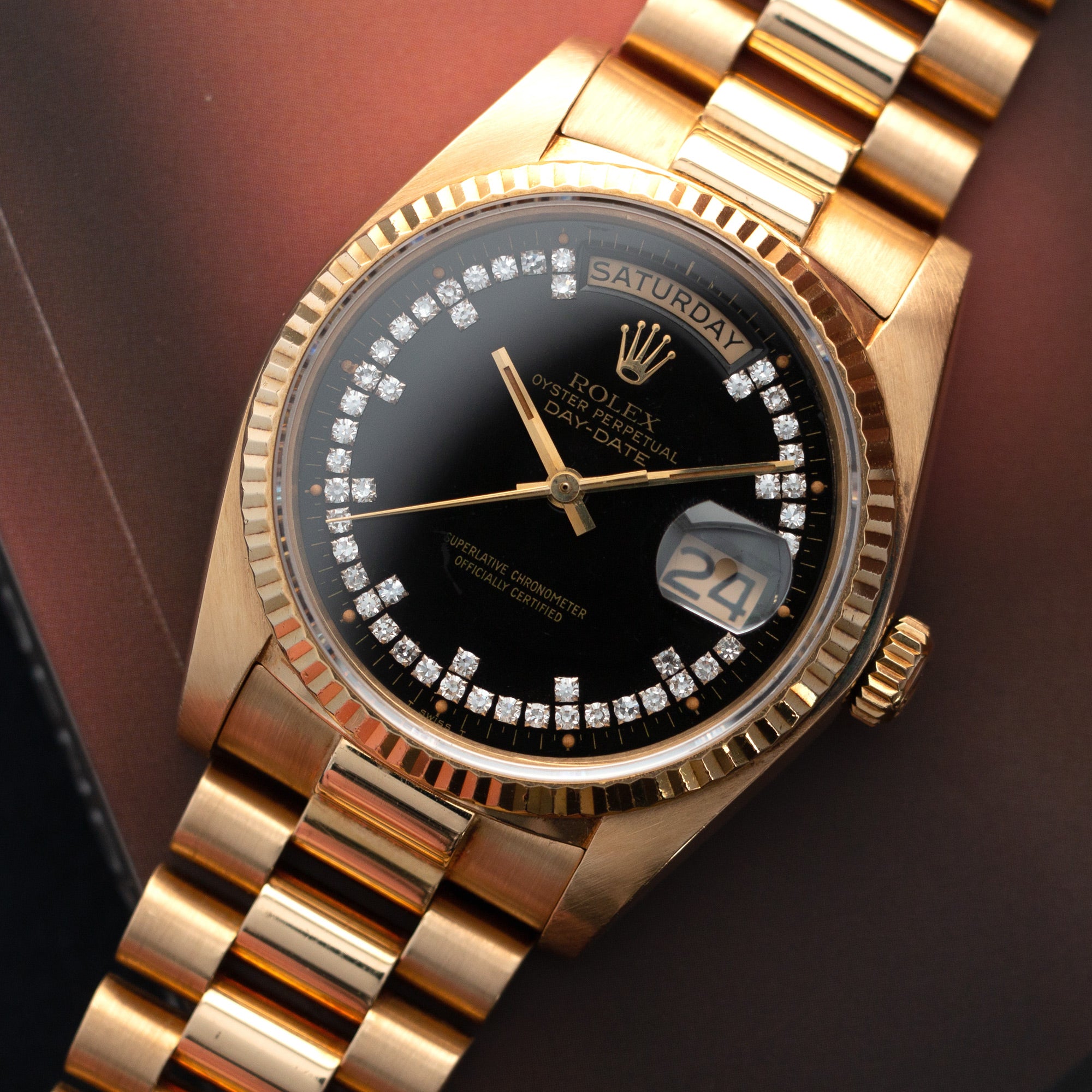 Rolex - Rolex Yellow Gold Day-Date Ref. 18038 with Black, Diamond String Dial - The Keystone Watches