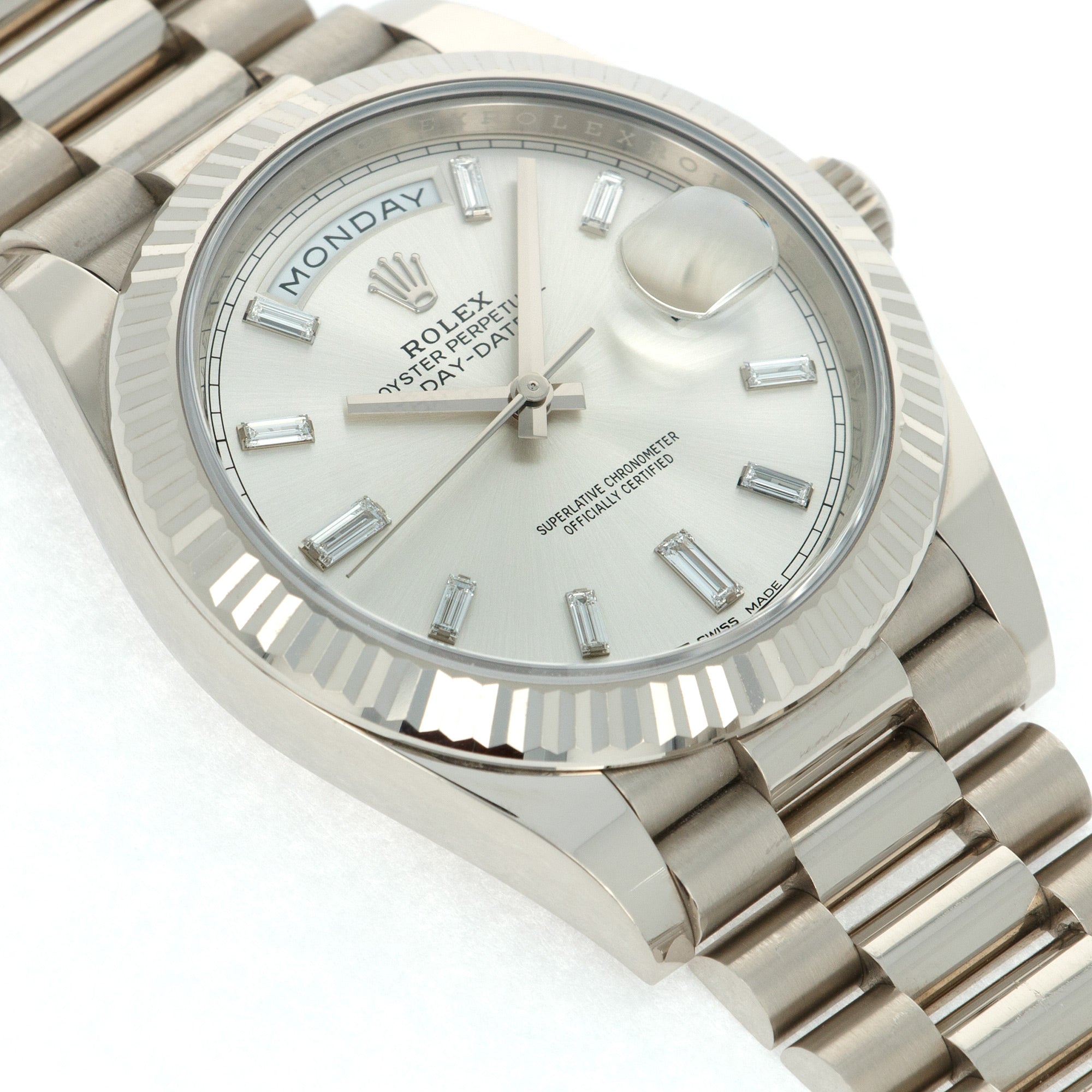 Rolex - Rolex White Gold Day-Date Ref. 228239 with Factory Baguette Diamond Dial - The Keystone Watches