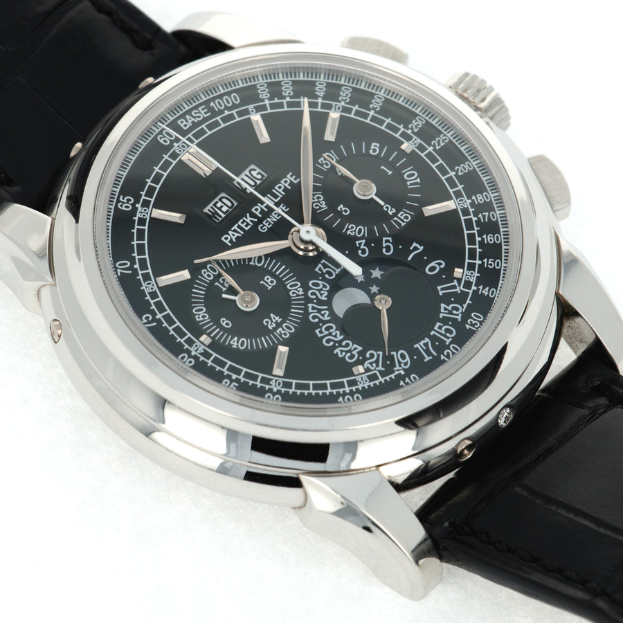 Patek Philippe Perpetual Calendar Chrono 5970P-001 Platinum  Likely Never Polished with Light Wear and Clear Deep Hallmarks Unisex Platinum Black 40 mm Manual 2009 Black Patek Philippe Strap with Original Buckle Original Box, Manuals, and Guarantee Certificate 