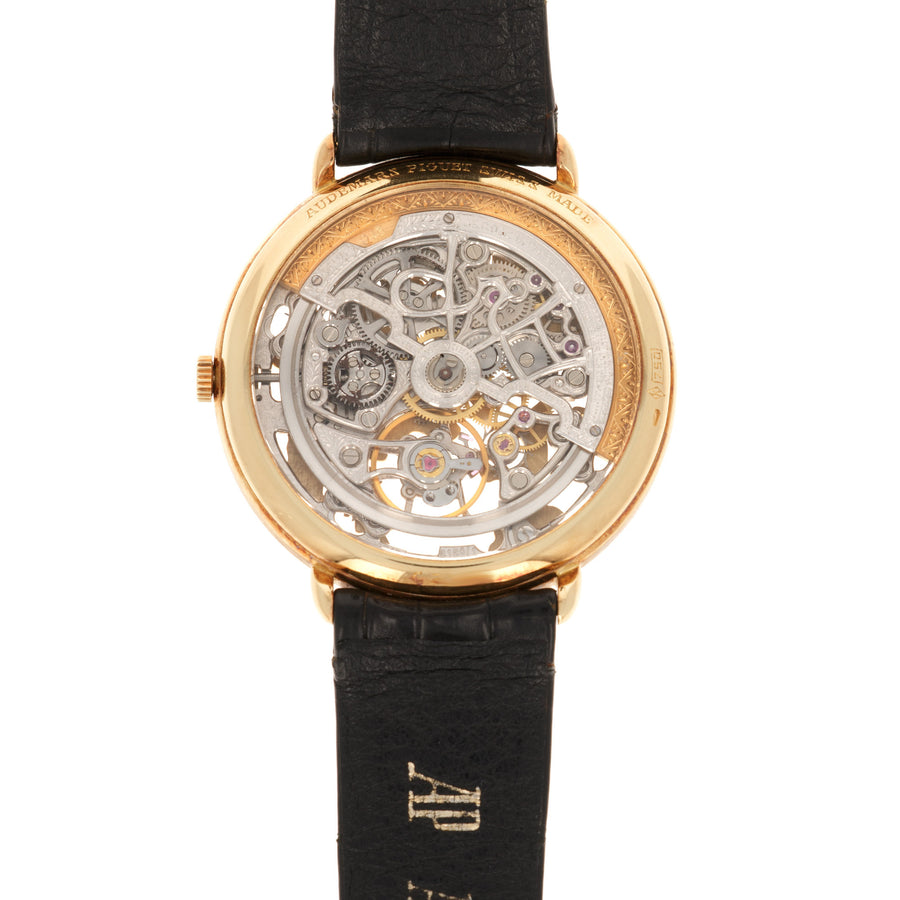 Audemars Piguet Yellow Gold Ultra Thin Skeletonized Watch with Ornate Bird Dial