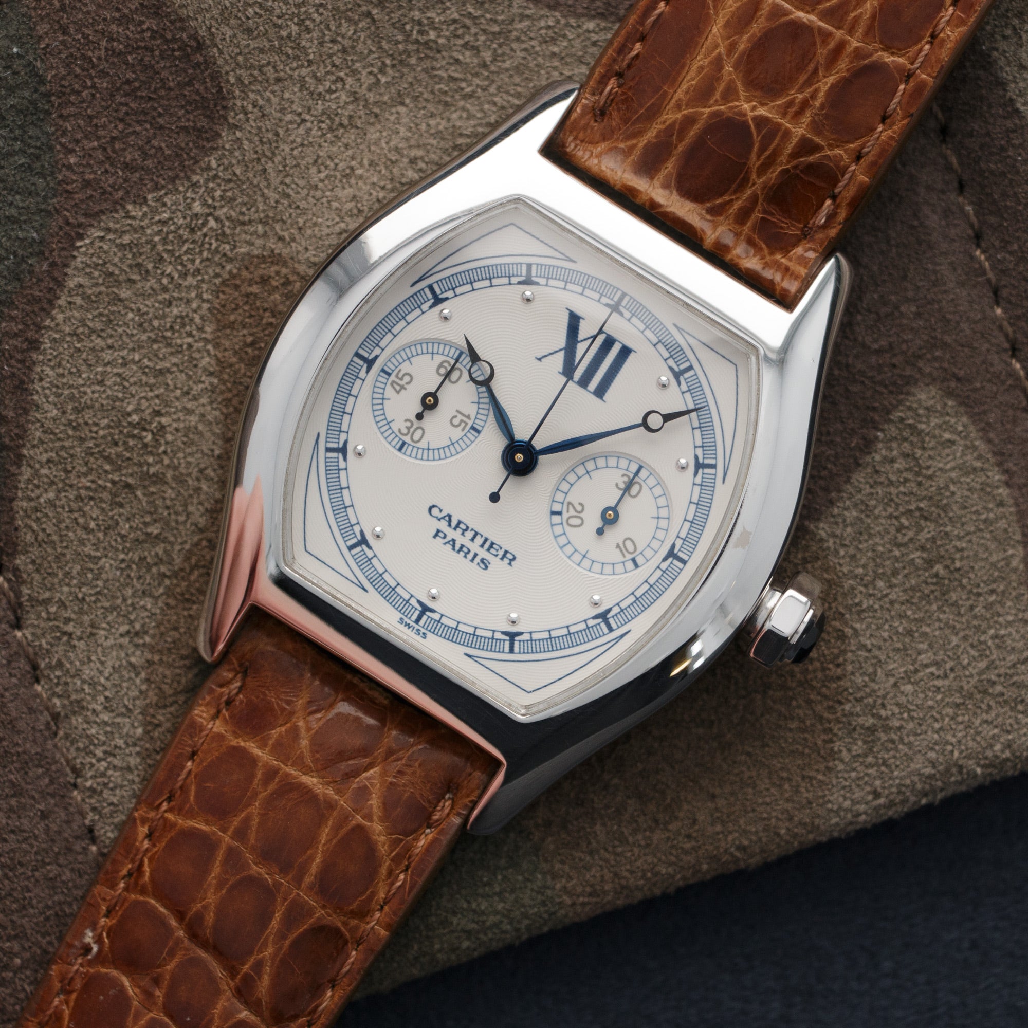 Cartier - Cartier White Gold Tortue Monopoussoir Chronograph Watch Ref. 2396 - The Keystone Watches